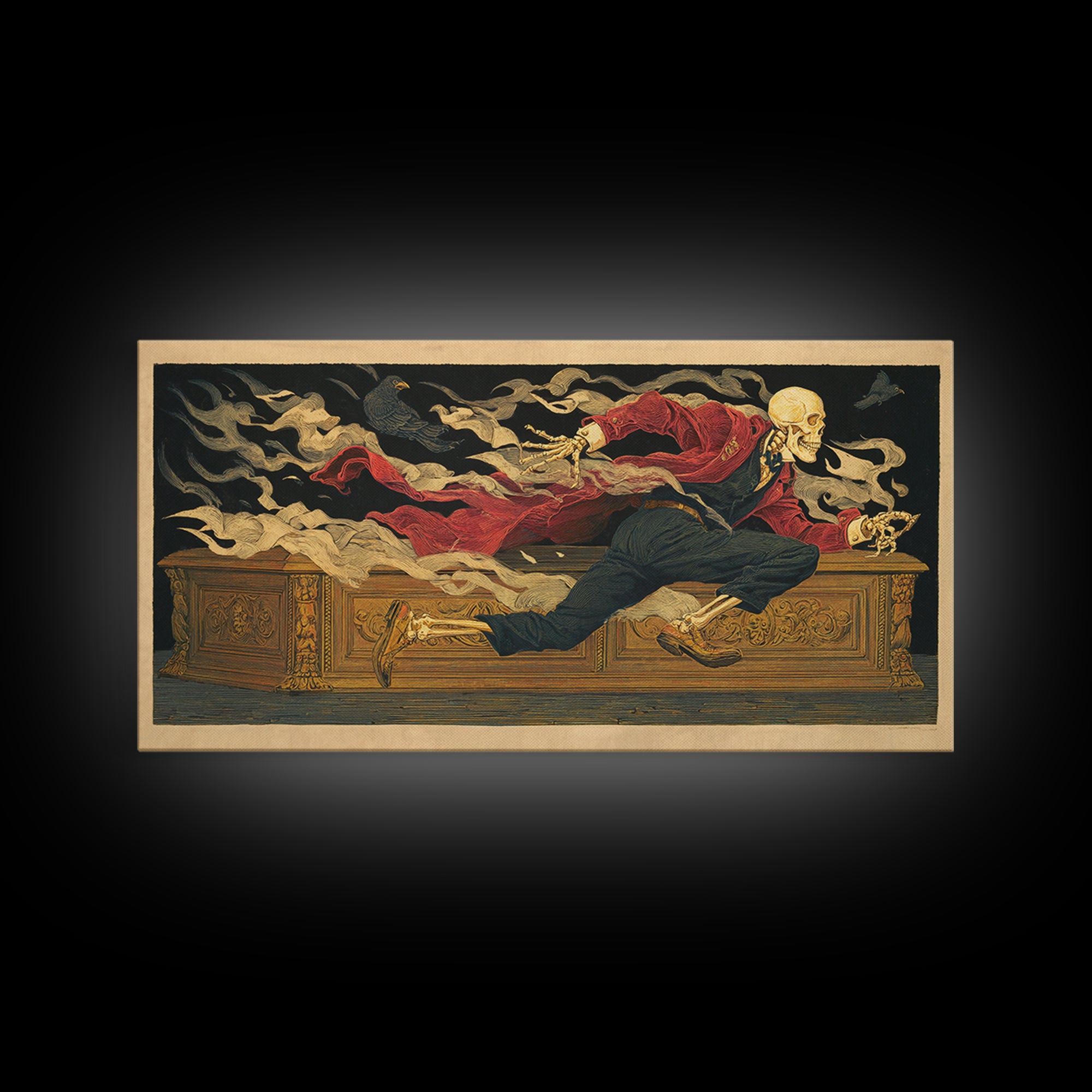 The Royal Coffin Maker, Macabre Folk Print Art, Wide Panoramic Art, Dark Halloween Decor, Framed Canvas Print, Macabre Wall Art