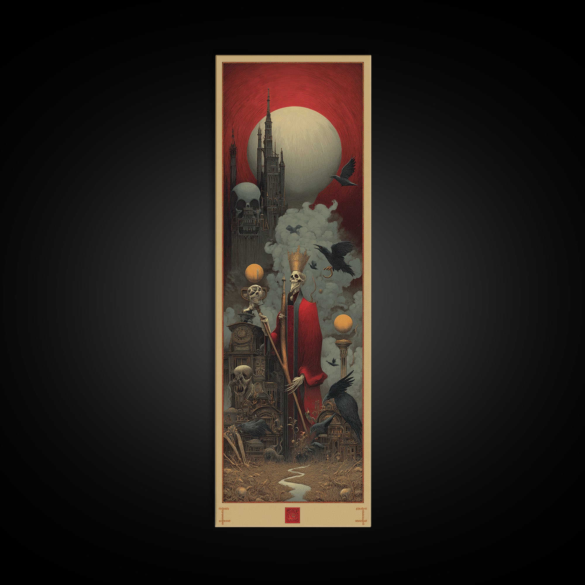The Royal Coffin Maker, Surreal Apocalyptic Art, Tall Narrow Wall Art, Dark Fantasy Wall Art, Framed Canvas Print