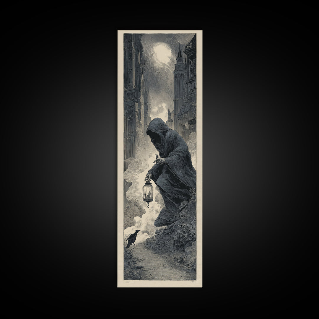 The Soul Collector, Gothic Engraving Art, Tall Narrow Wall Art, Dark Halloween Decor, Canvas Print, Halloween Wall Art