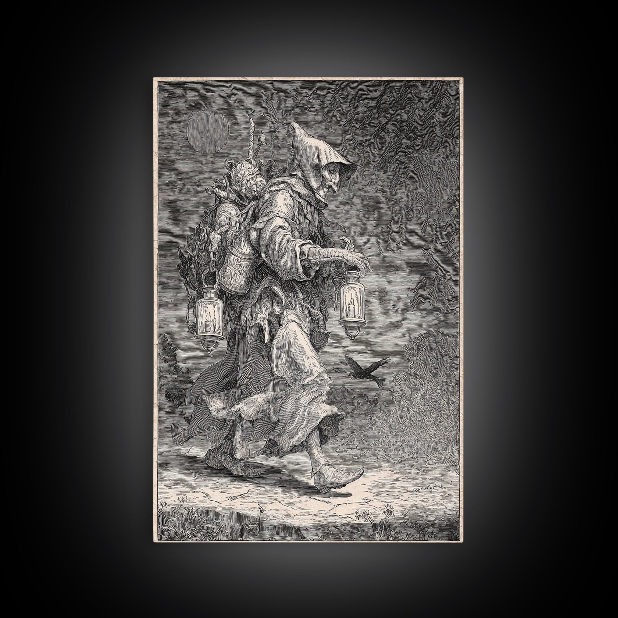 The Soul Collector, Renaissance Engraving Art, Vertical Wall Art, Macabre Wall Art, Framed Canvas Print, Halloween Wall Art