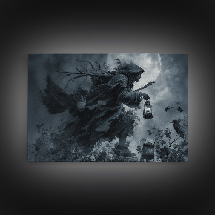 The Soul Collector, Symbolist Etching Art, Landscape Wall Art, Dark Halloween Decor, Framed Canvas Print, Halloween Wall Art