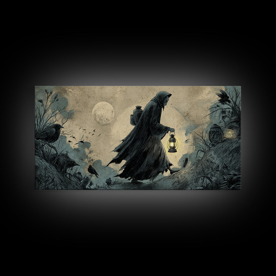 The Soul Collector, Expressionist Nightmare Art, Wide Panoramic Art, Dark Fantasy Wall Art, Framed Canvas Print, Halloween Wall Art