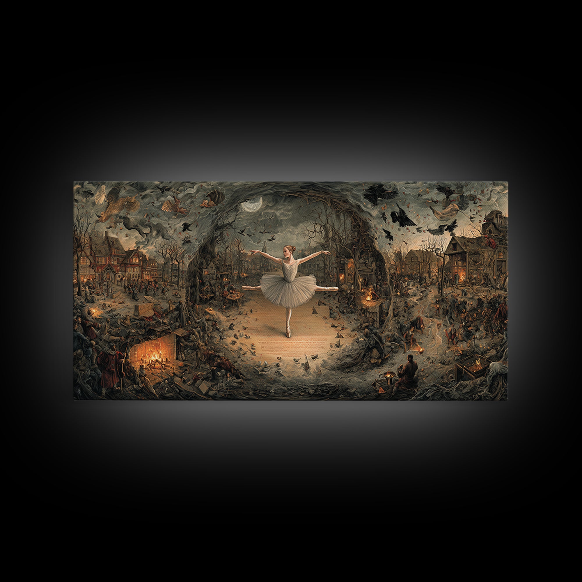 The Phantom Ballerina, Northern Renaissance Horror, Wide Panoramic Art, Dark Fantasy Wall Art, Canvas Print, Halloween Wall Art