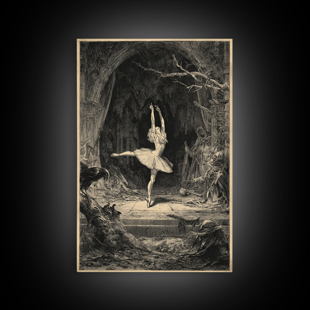 The Phantom Ballerina, Renaissance Engraving Art, Vertical Wall Art, Macabre Wall Art, Framed Canvas Print, Halloween Wall Art