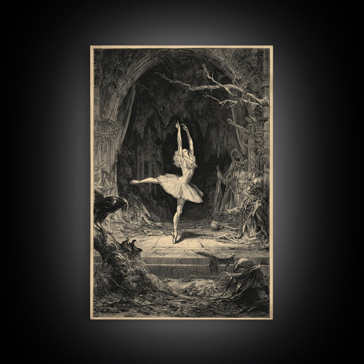 The Phantom Ballerina, Renaissance Engraving Art, Vertical Wall Art, Macabre Wall Art, Framed Canvas Print, Halloween Wall Art