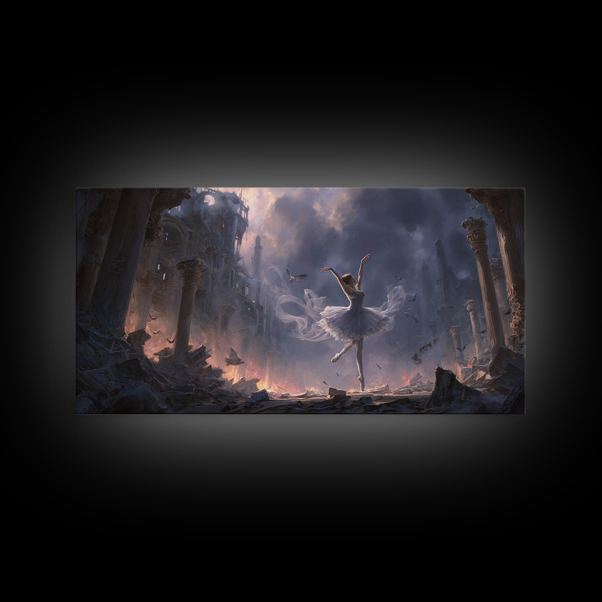 The Phantom Ballerina, Apocalyptic Romantic Art, Wide Panoramic Art, Macabre Wall Art, Framed Canvas Print, Halloween Wall Art