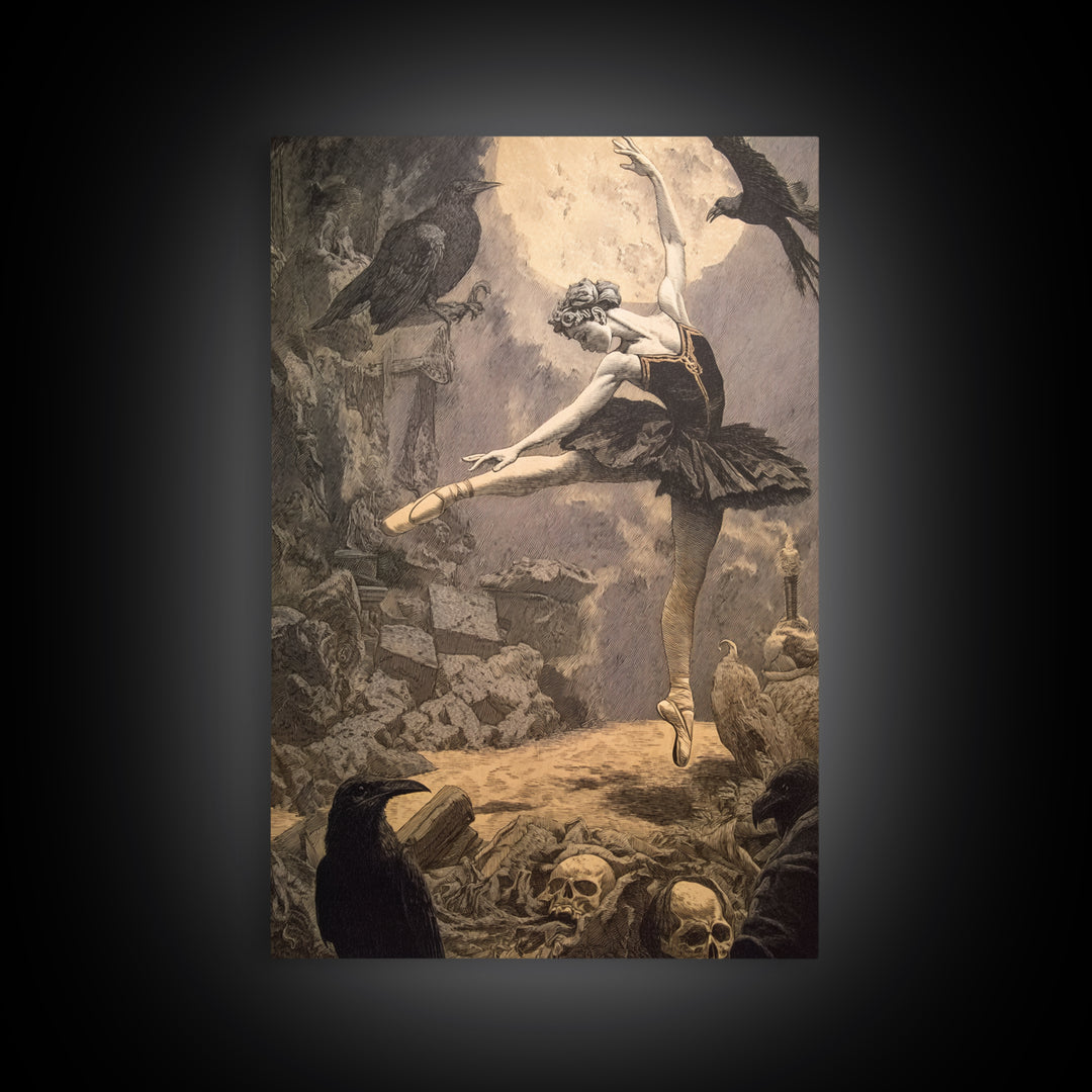 The Phantom Ballerina, Symbolist Etching Art, Vertical Wall Art, Dark Fantasy Wall Art, Framed Canvas Print, Halloween Wall Art