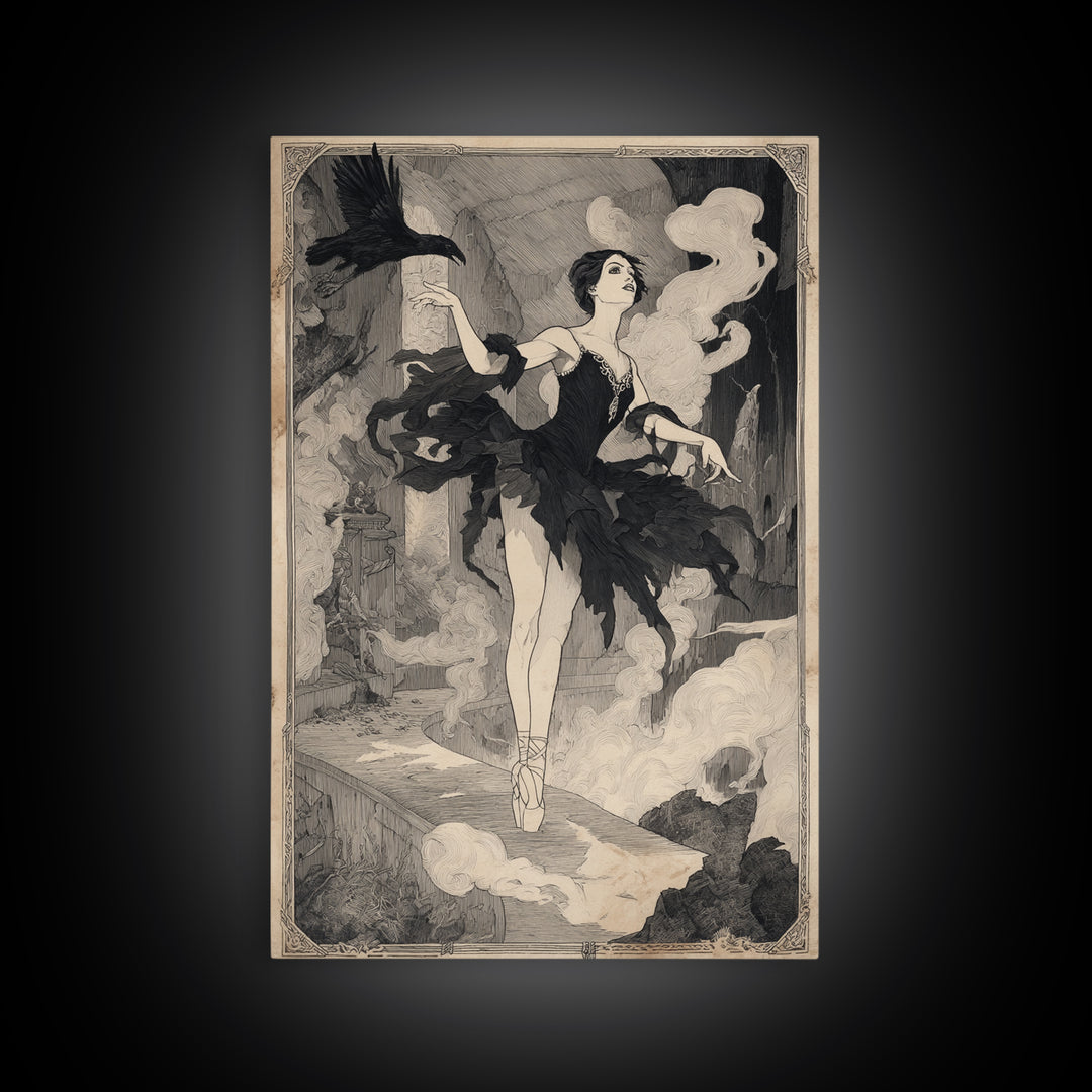 The Phantom Ballerina, Decadent Line Art, Vertical Wall Art, Dark Halloween Decor, Framed Canvas Print, Halloween Wall Art