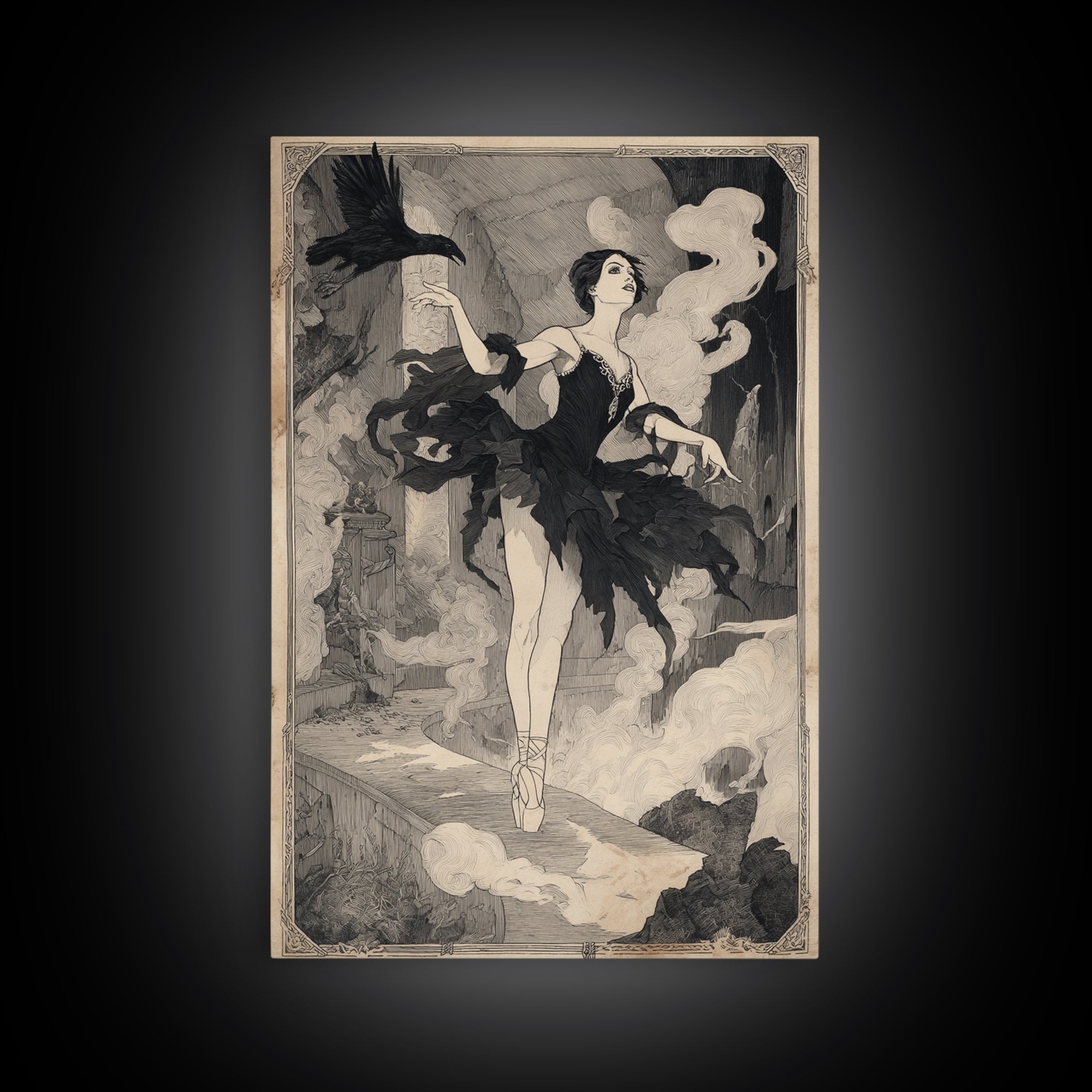 The Phantom Ballerina, Decadent Line Art, Vertical Wall Art, Dark Halloween Decor, Framed Canvas Print, Halloween Wall Art