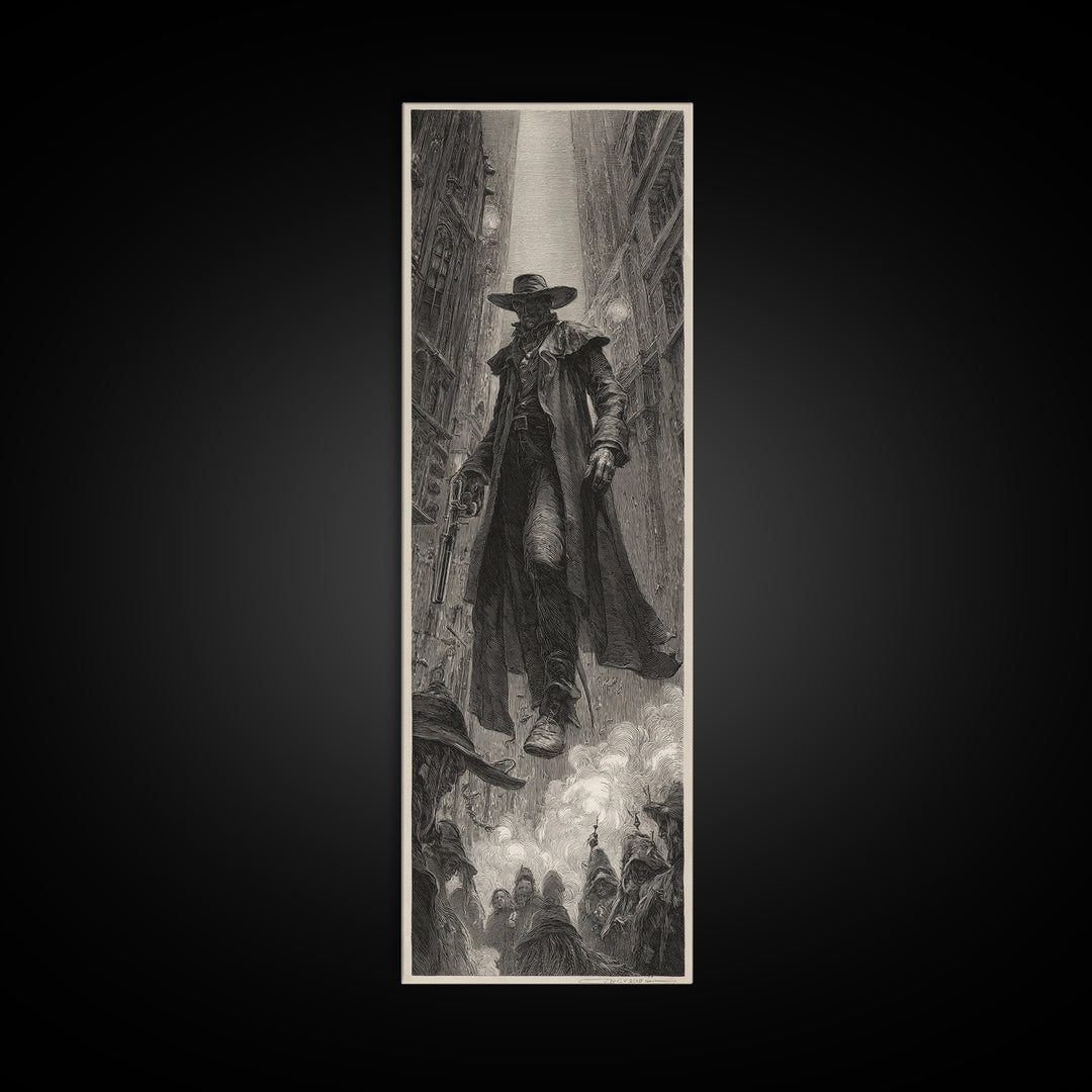 The Ghost Of The Witch Hunter, Gothic Engraving Art, Tall Narrow Wall Art, Dark Fantasy Wall Art, Canvas Print, Halloween Wall Art