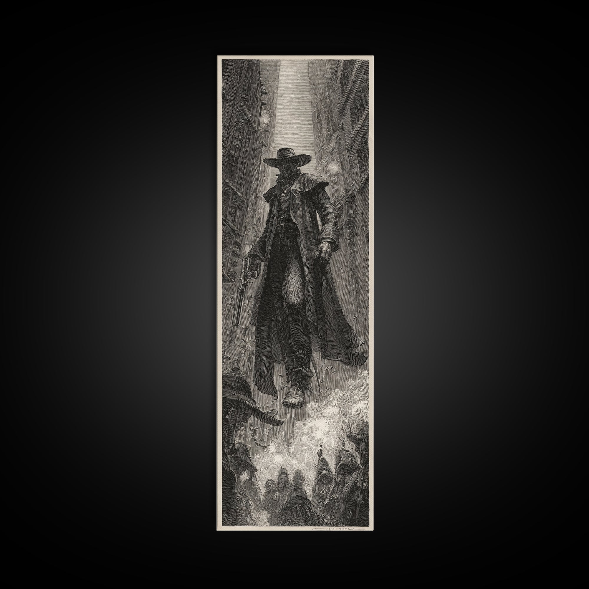 The Ghost Of The Witch Hunter, Gothic Engraving Art, Tall Narrow Wall Art, Dark Fantasy Wall Art, Canvas Print, Halloween Wall Art