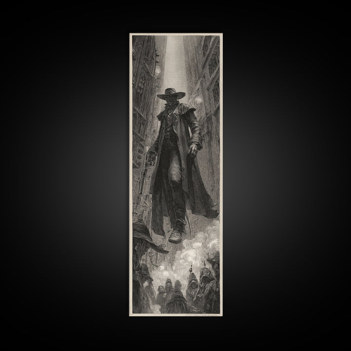 The Ghost Of The Witch Hunter, Gothic Engraving Art, Tall Narrow Wall Art, Dark Fantasy Wall Art, Canvas Print, Halloween Wall Art
