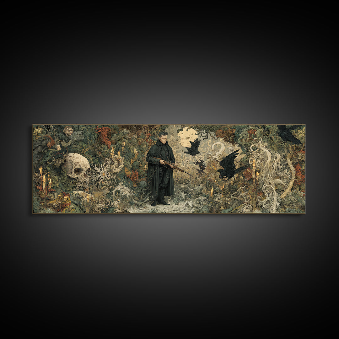 The Ghost Of The Witch Hunter, Medieval Grotesque Art, Extra Wide Wall Art, Gothic Horror Wall Art, Framed Canvas Print