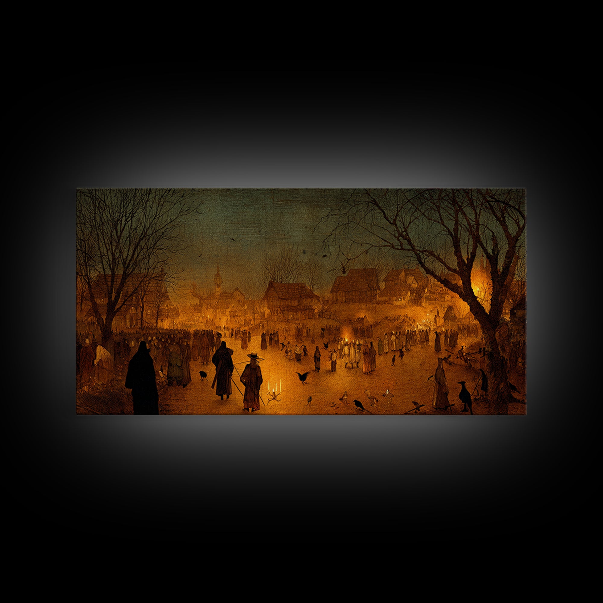 The Ghost Of The Witch Hunter, Northern Renaissance Horror, Wide Panoramic Art, Dark Fantasy Wall Art, Framed Canvas Print