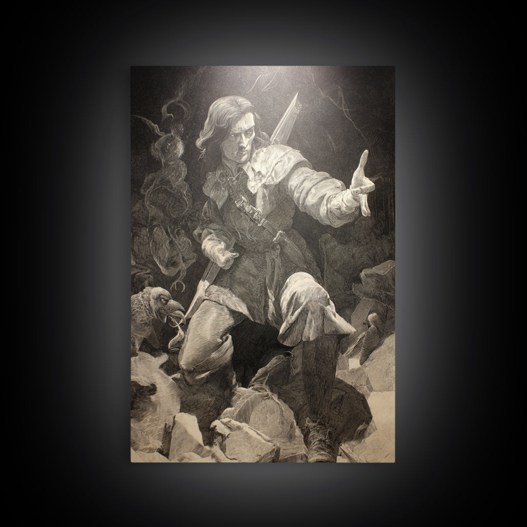The Ghost Of The Witch Hunter, Renaissance Engraving Art, Vertical Wall Art, Macabre Wall Art, Framed Canvas Print, Halloween Wall Art