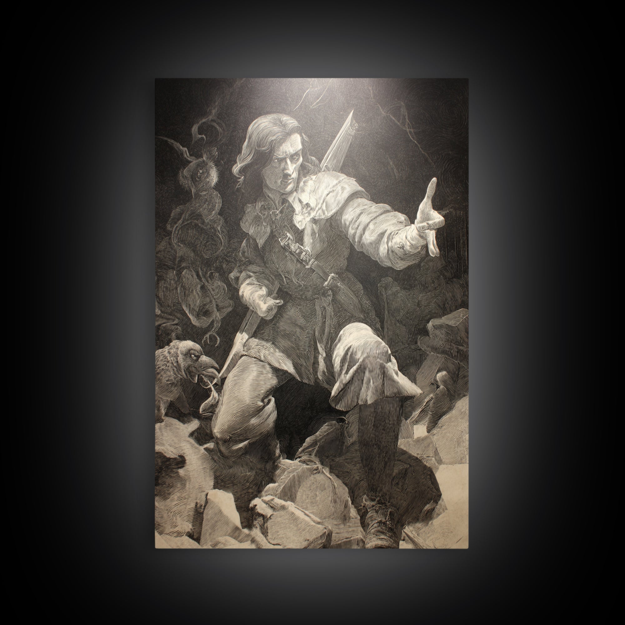 The Ghost Of The Witch Hunter, Renaissance Engraving Art, Vertical Wall Art, Macabre Wall Art, Framed Canvas Print, Halloween Wall Art
