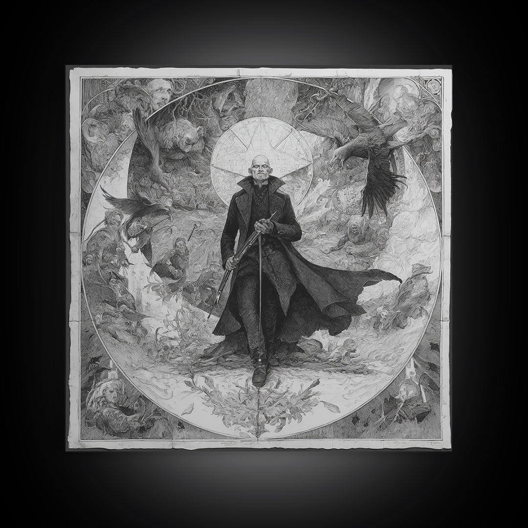 The Ghost Of The Witch Hunter, Symbolist Etching Art, Square Wall Art, Macabre Wall Art, Canvas Print, Halloween Wall Art