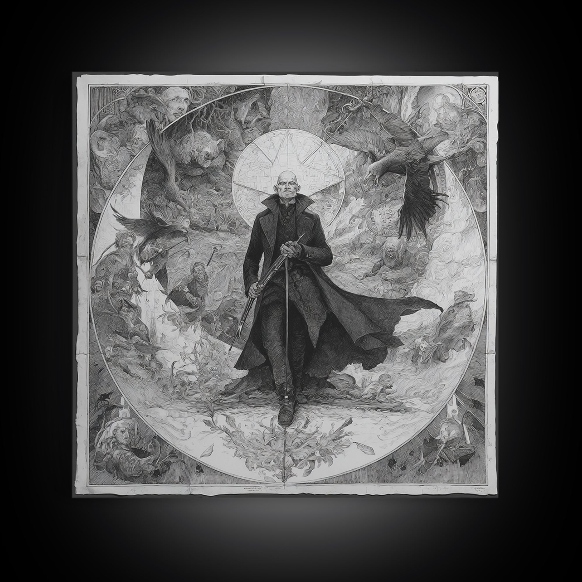 The Ghost Of The Witch Hunter, Symbolist Etching Art, Square Wall Art, Macabre Wall Art, Canvas Print, Halloween Wall Art