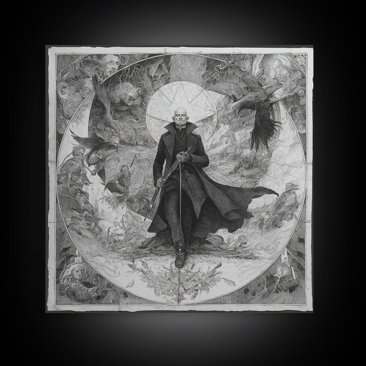 The Ghost Of The Witch Hunter, Symbolist Etching Art, Square Wall Art, Macabre Wall Art, Canvas Print, Halloween Wall Art
