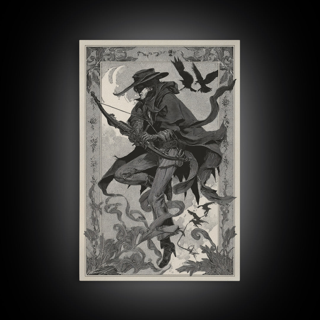 The Ghost Of The Witch Hunter, Decadent Line Art, Vertical Wall Art, Dark Halloween Decor, Framed Canvas Print, Horror Wall Art