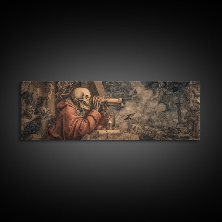 The Skull Astronomer, Medieval Grotesque Art, Extra Wide Wall Art, Dark Fantasy Wall Art, Framed Canvas Print, Halloween Wall Art