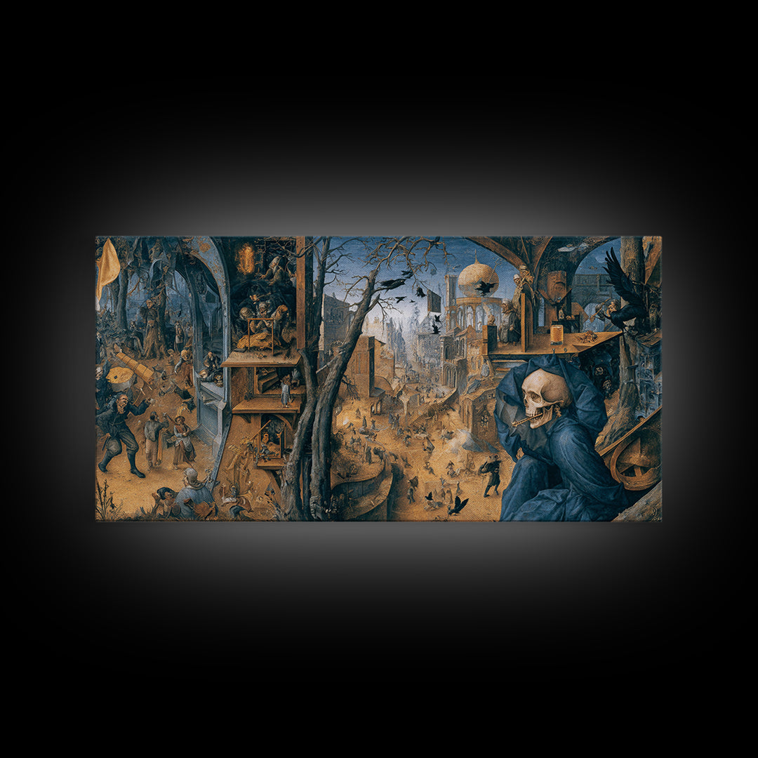 The Skull Astronomer, Northern Renaissance Horror, Wide Panoramic Art, Dark Fantasy Wall Art, Framed Canvas Print
