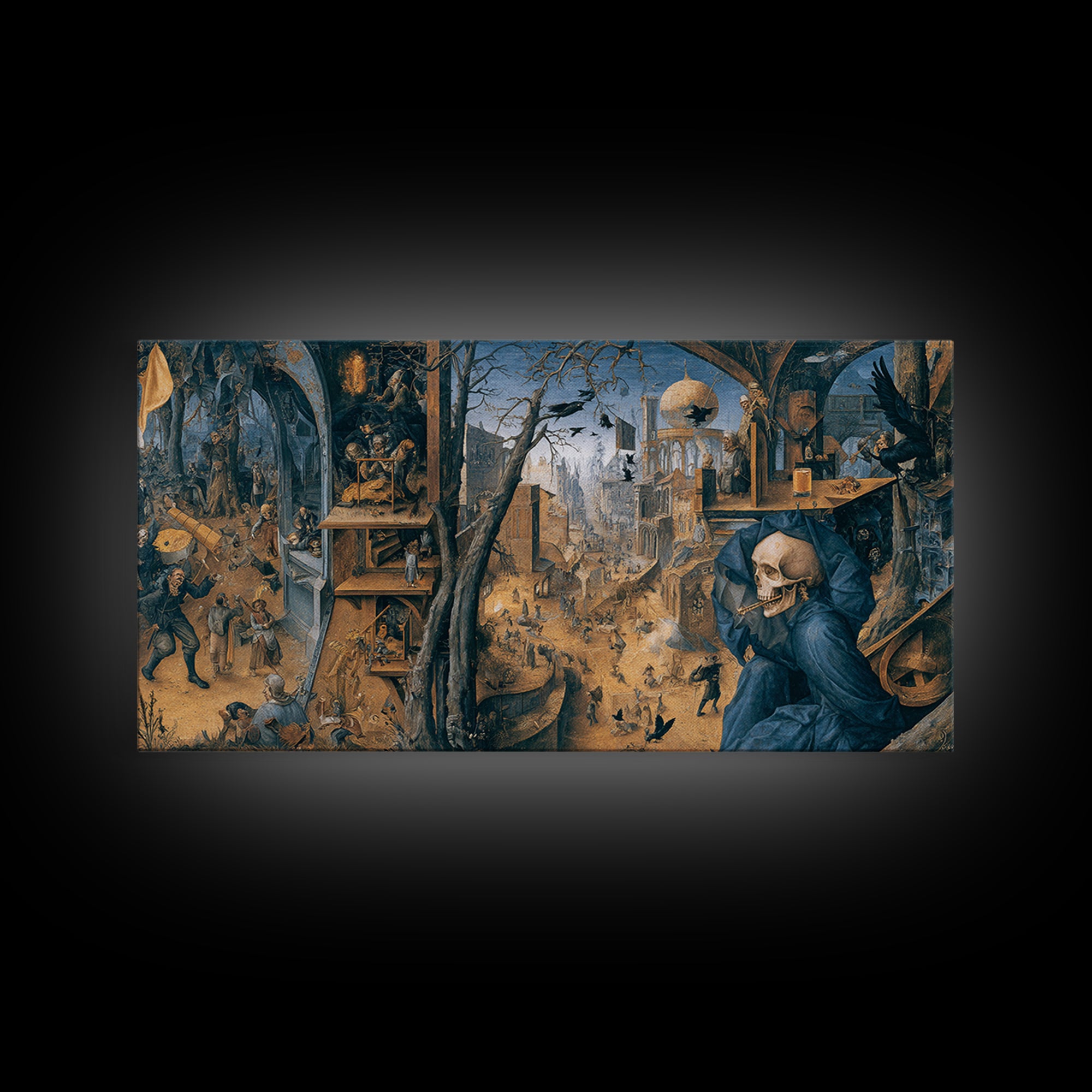 The Skull Astronomer, Northern Renaissance Horror, Wide Panoramic Art, Dark Fantasy Wall Art, Framed Canvas Print