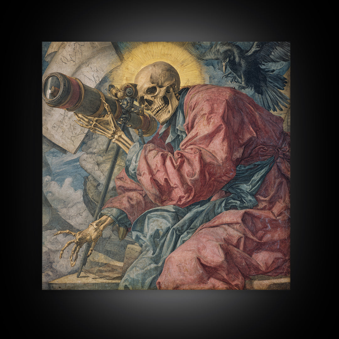 The Skull Astronomer, Dark Renaissance Art, Square Wall Art, Gothic Horror Wall Art, Canvas Print, Halloween Wall Art