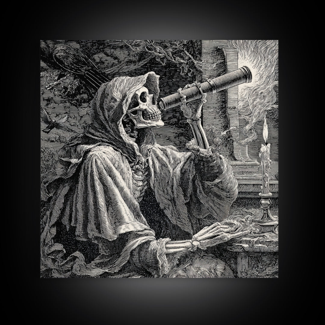 The Skull Astronomer, Renaissance Engraving Art, Square Wall Art, Dark Fantasy Wall Art, Framed Canvas Print, Halloween Wall Art