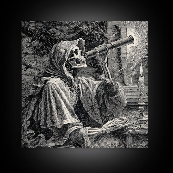 The Skull Astronomer, Renaissance Engraving Art, Square Wall Art, Dark Fantasy Wall Art, Framed Canvas Print, Halloween Wall Art