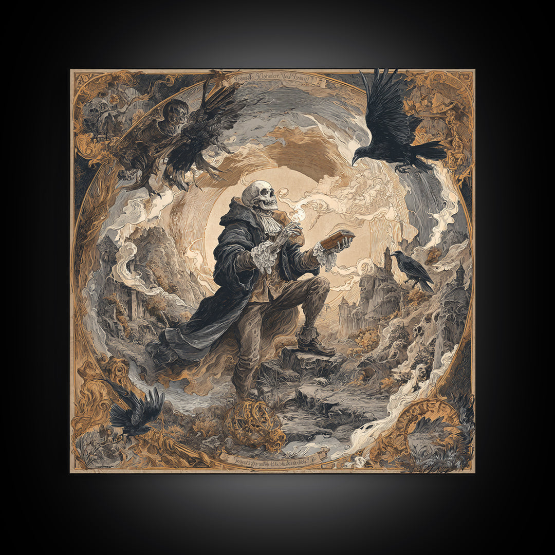 The Skull Astronomer, Baroque Witchcraft Art, Square Wall Art, Dark Fantasy Wall Art, Canvas Print, Halloween Wall Art