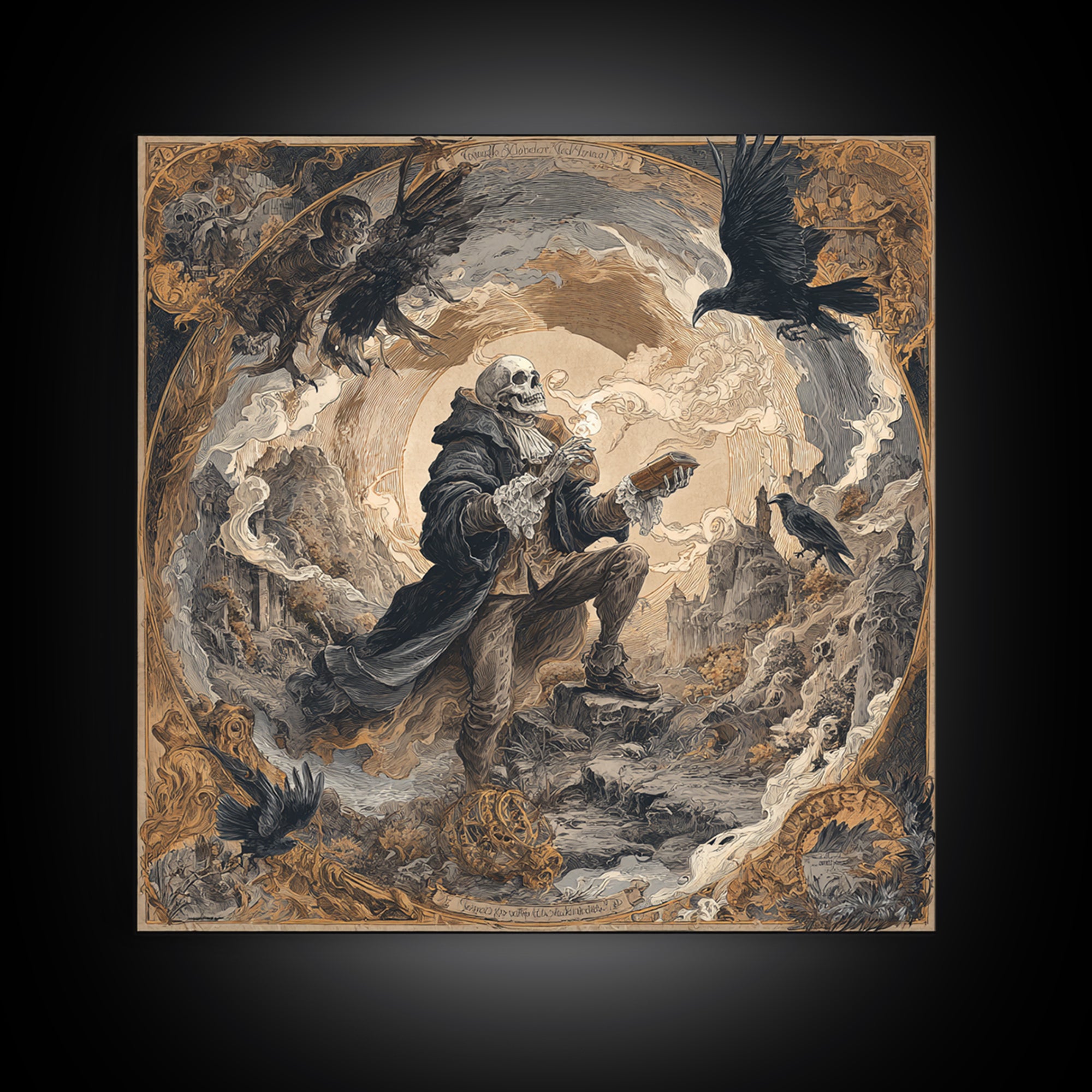 The Skull Astronomer, Baroque Witchcraft Art, Square Wall Art, Dark Fantasy Wall Art, Canvas Print, Halloween Wall Art