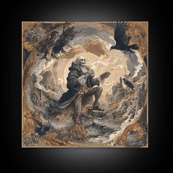The Skull Astronomer, Baroque Witchcraft Art, Square Wall Art, Dark Fantasy Wall Art, Canvas Print, Halloween Wall Art
