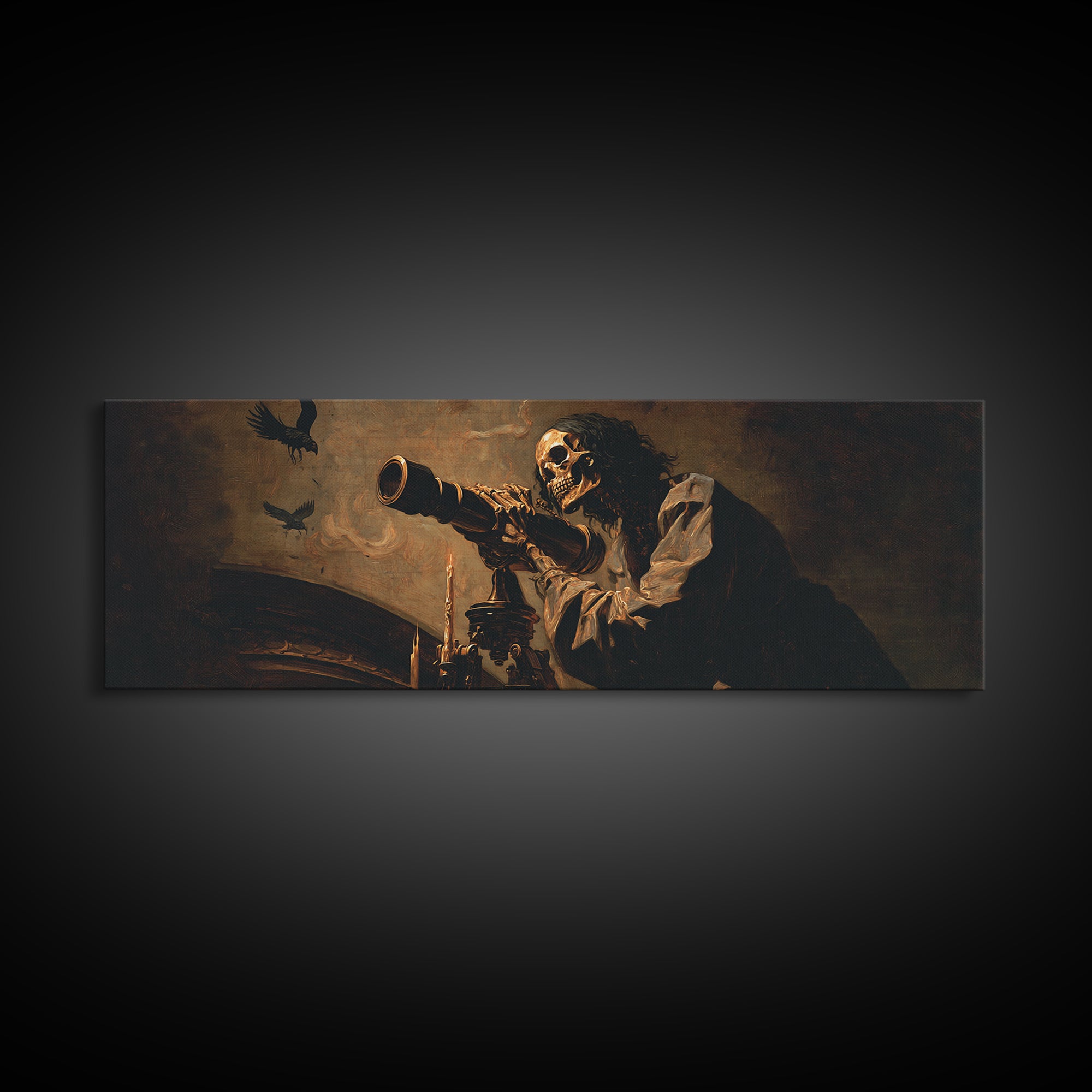The Skull Astronomer, Dark Romantic Horror Art, Extra Wide Wall Art, Macabre Wall Art, Canvas Print, Halloween Wall Art