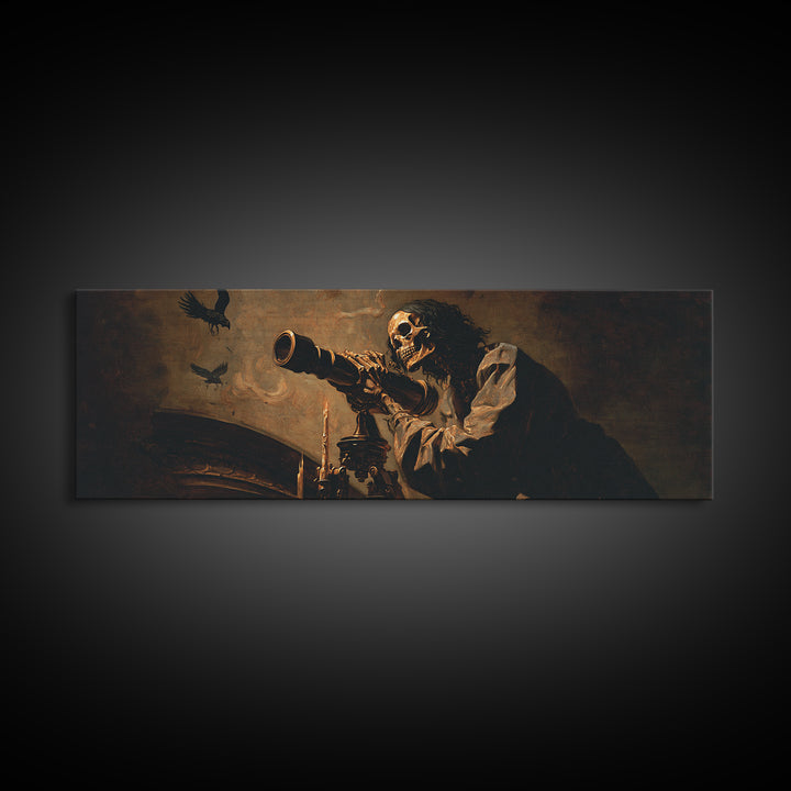 The Skull Astronomer, Dark Romantic Horror Art, Extra Wide Wall Art, Macabre Wall Art, Canvas Print, Halloween Wall Art