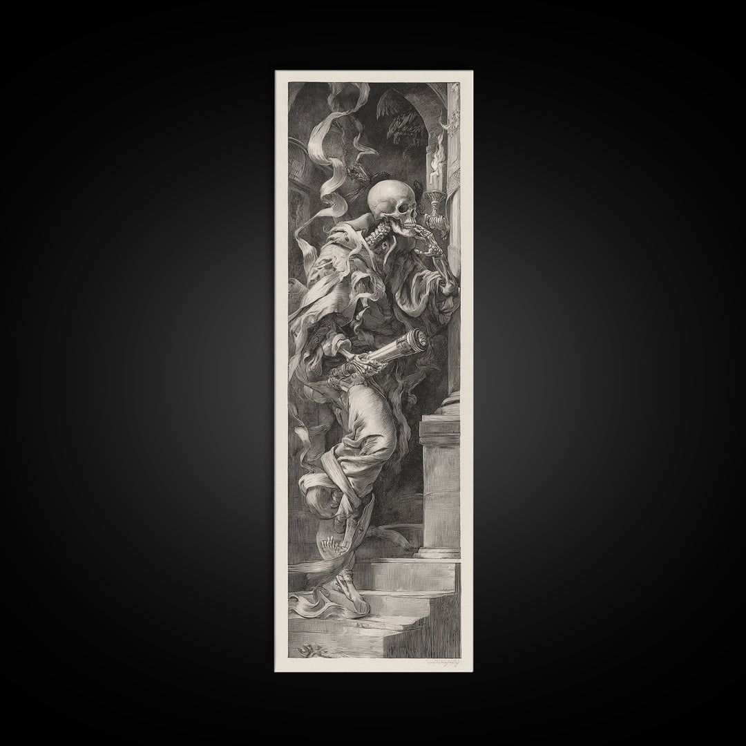 The Skull Astronomer, Architectural Etching Art, Tall Narrow Wall Art, Gothic Horror Wall Art, Framed Canvas Print