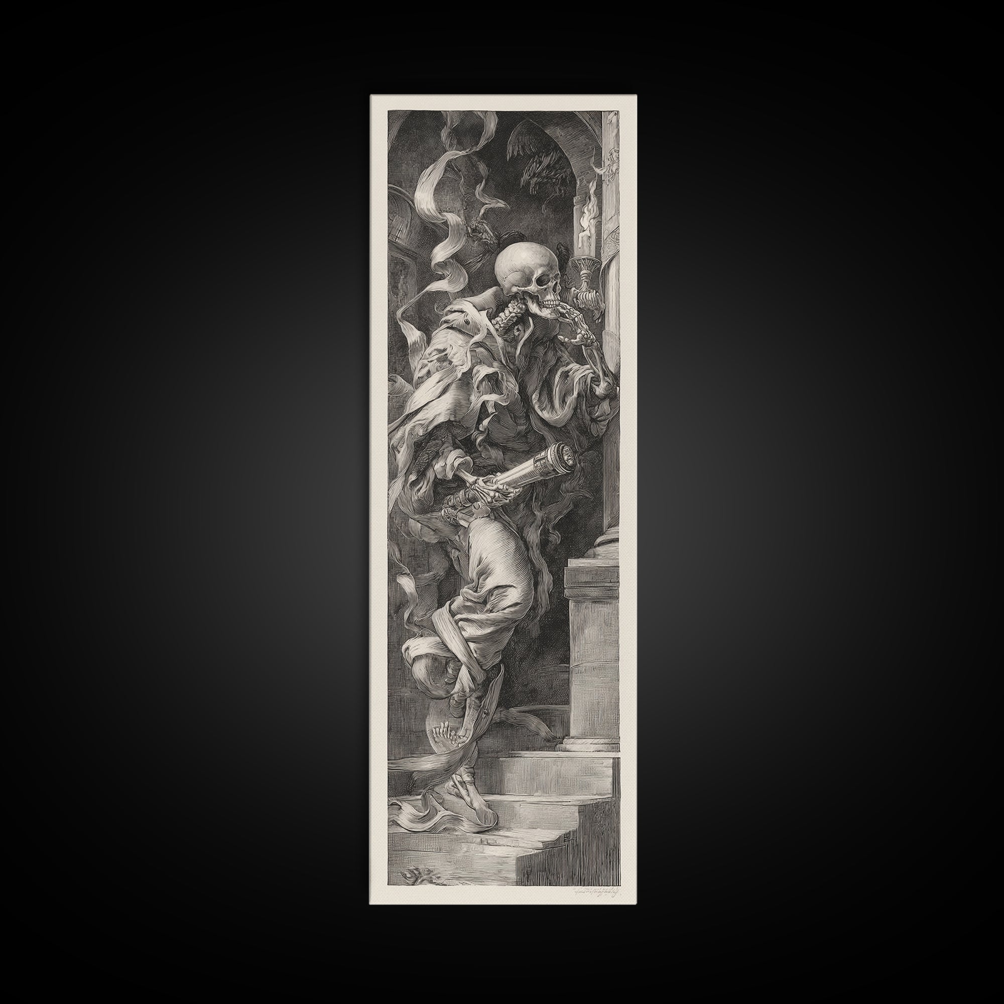 The Skull Astronomer, Architectural Etching Art, Tall Narrow Wall Art, Gothic Horror Wall Art, Framed Canvas Print