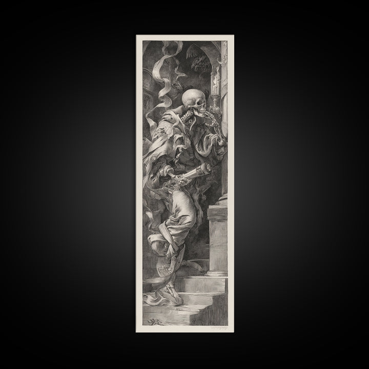 The Skull Astronomer, Architectural Etching Art, Tall Narrow Wall Art, Gothic Horror Wall Art, Framed Canvas Print