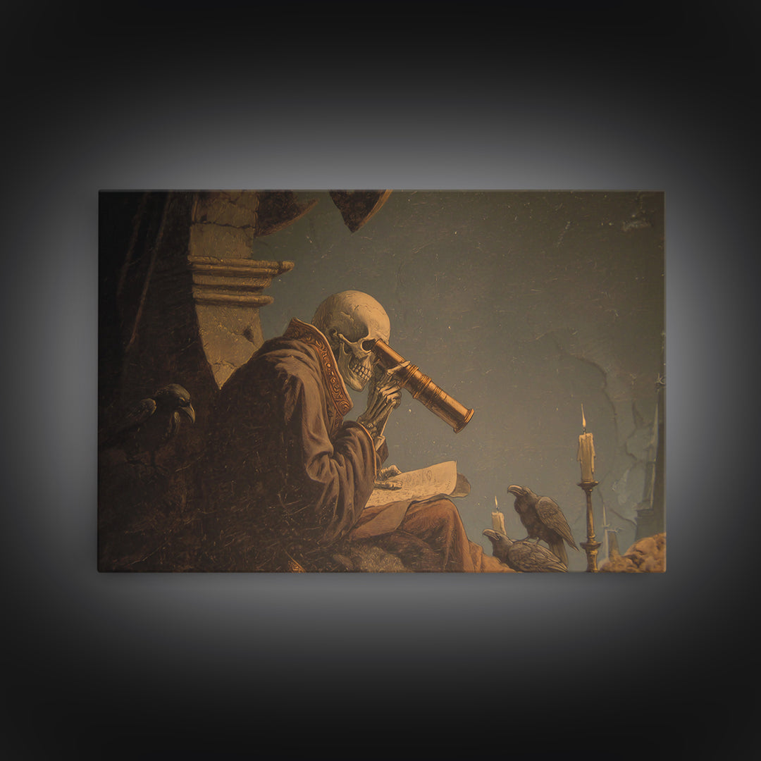 The Skull Astronomer, Romantic Gothic Landscape, Landscape Wall Art, Macabre Wall Art, Framed Canvas Print, Halloween Wall Art