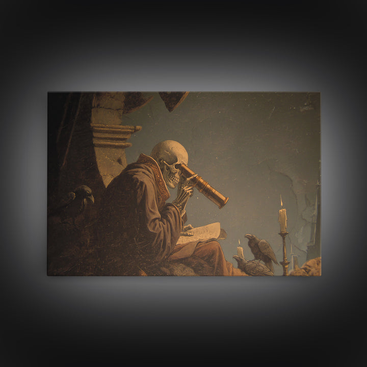 The Skull Astronomer, Romantic Gothic Landscape, Landscape Wall Art, Macabre Wall Art, Framed Canvas Print, Halloween Wall Art