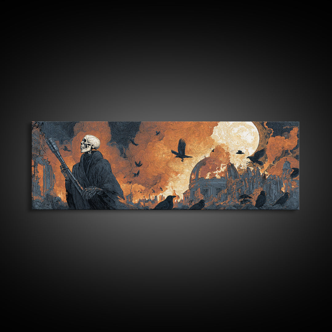 The Skull Astronomer, Apocalyptic Romantic Art, Extra Wide Wall Art, Gothic Horror Wall Art, Framed Canvas Print, Halloween Wall Art
