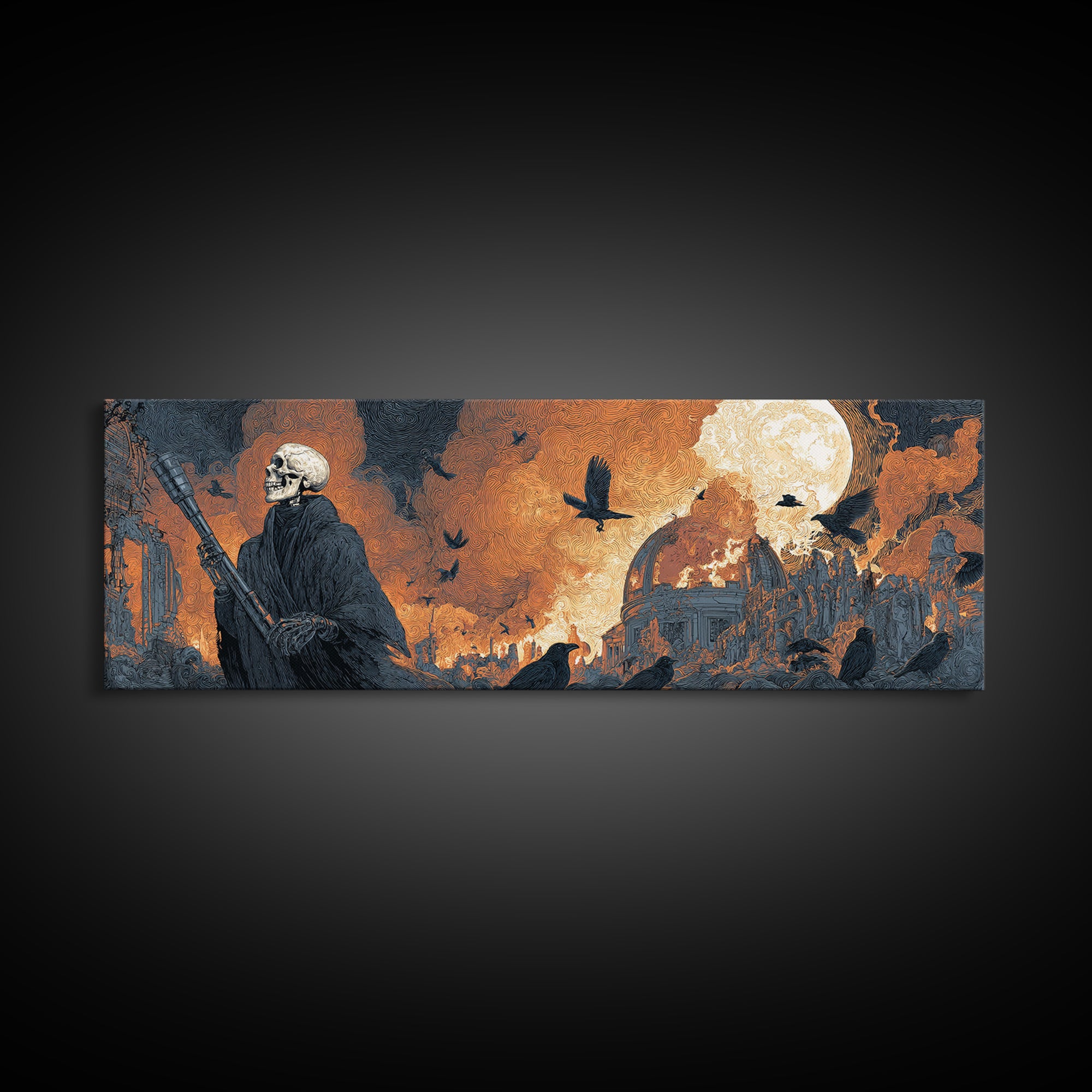 The Skull Astronomer, Apocalyptic Romantic Art, Extra Wide Wall Art, Gothic Horror Wall Art, Framed Canvas Print, Halloween Wall Art