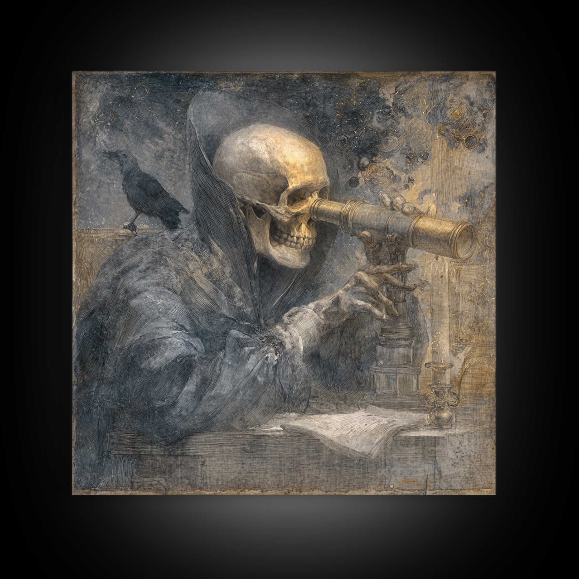 The Skull Astronomer, Symbolist Dream Art, Square Wall Art, Dark Fantasy Wall Art, Framed Canvas Print, Halloween Wall Art