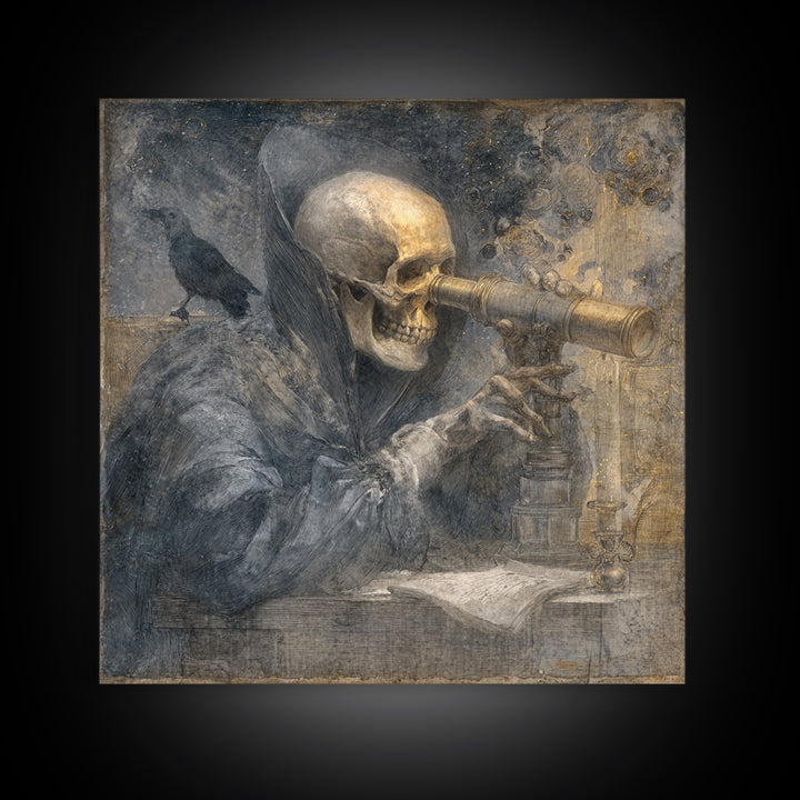 The Skull Astronomer, Symbolist Dream Art, Square Wall Art, Dark Fantasy Wall Art, Framed Canvas Print, Halloween Wall Art