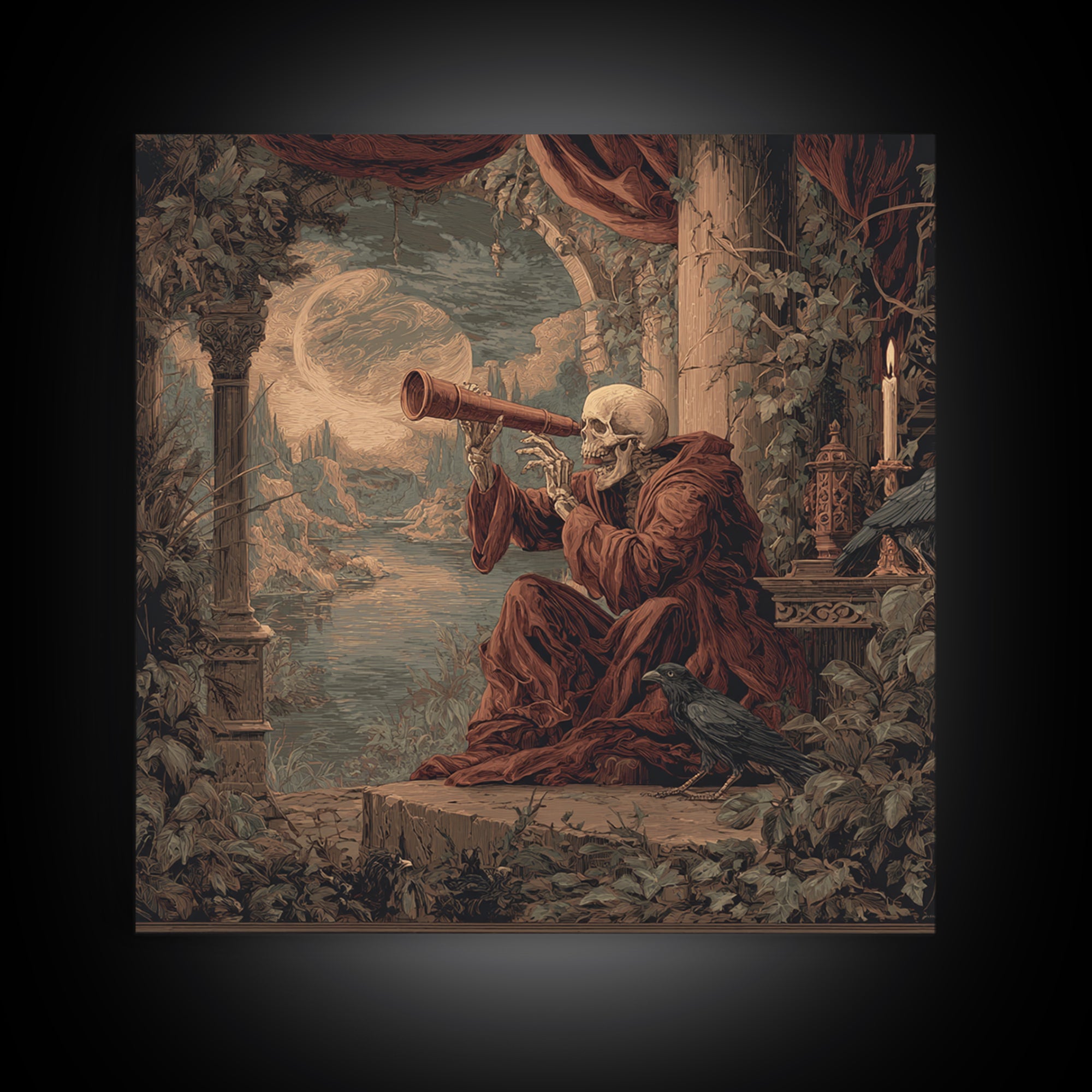 The Skull Astronomer, Symbolist Gothic Landscape, Square Wall Art, Dark Halloween Decor, Canvas Print, Halloween Wall Art