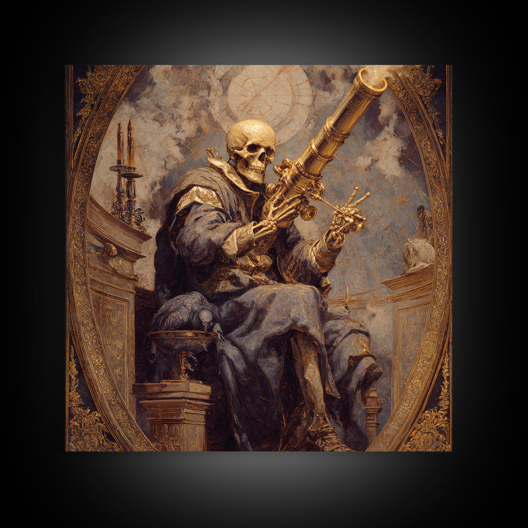 The Skull Astronomer, Ornate Symbolist Art, Square Wall Art, Macabre Wall Art, Framed Canvas Print, Halloween Wall Art