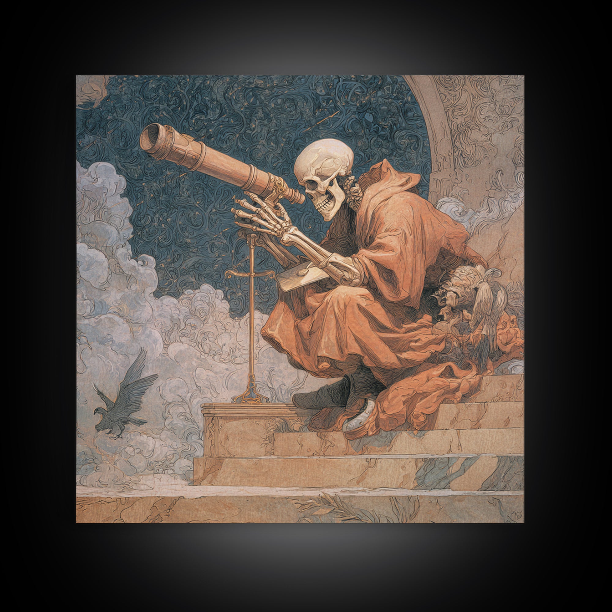 The Skull Astronomer, Symbolist Death Art, Square Wall Art, Dark Halloween Decor, Canvas Print, Halloween Wall Art