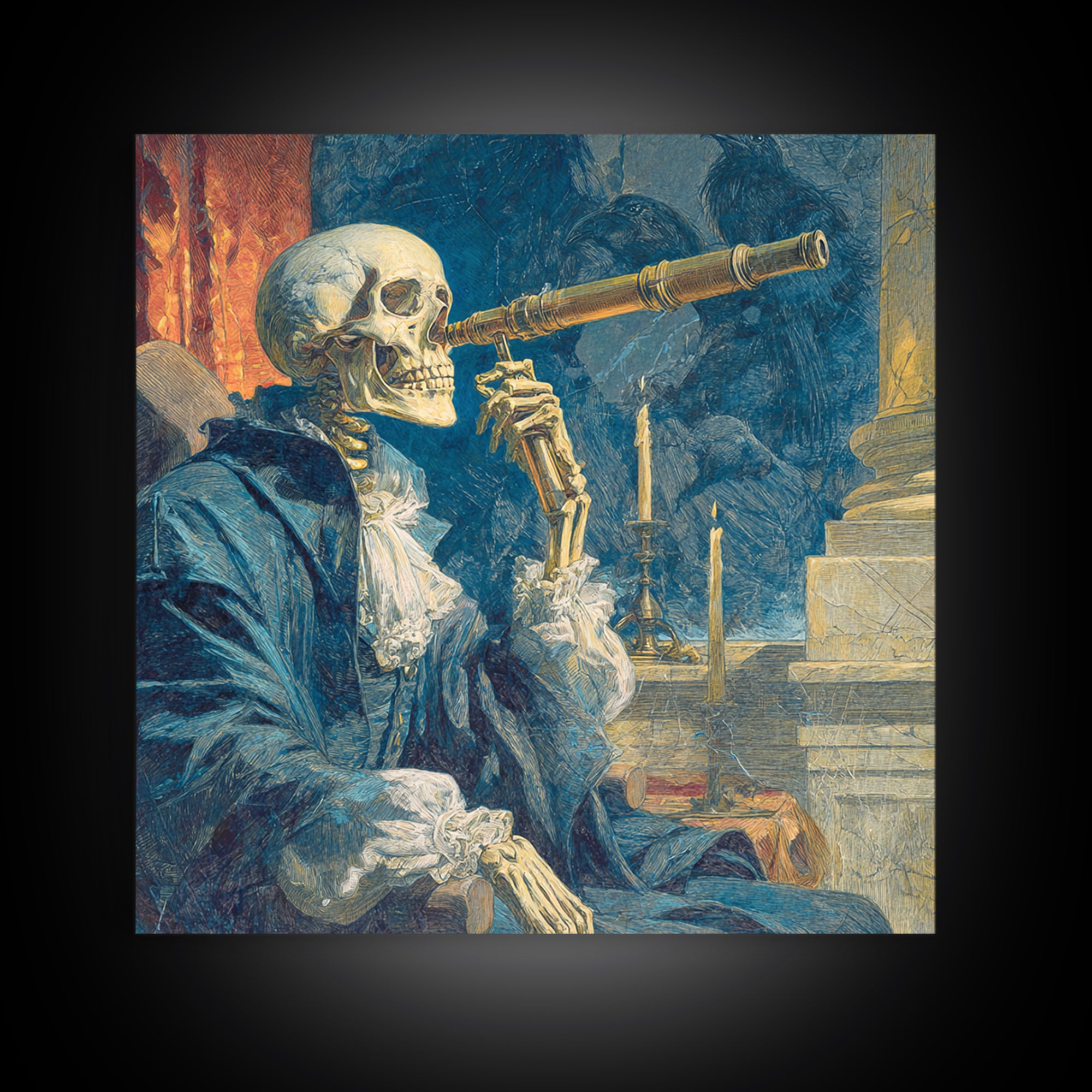 The Skull Astronomer, Symbolist Etching Art, Square Wall Art, Dark Fantasy Wall Art, Framed Canvas Print, Halloween Wall Art