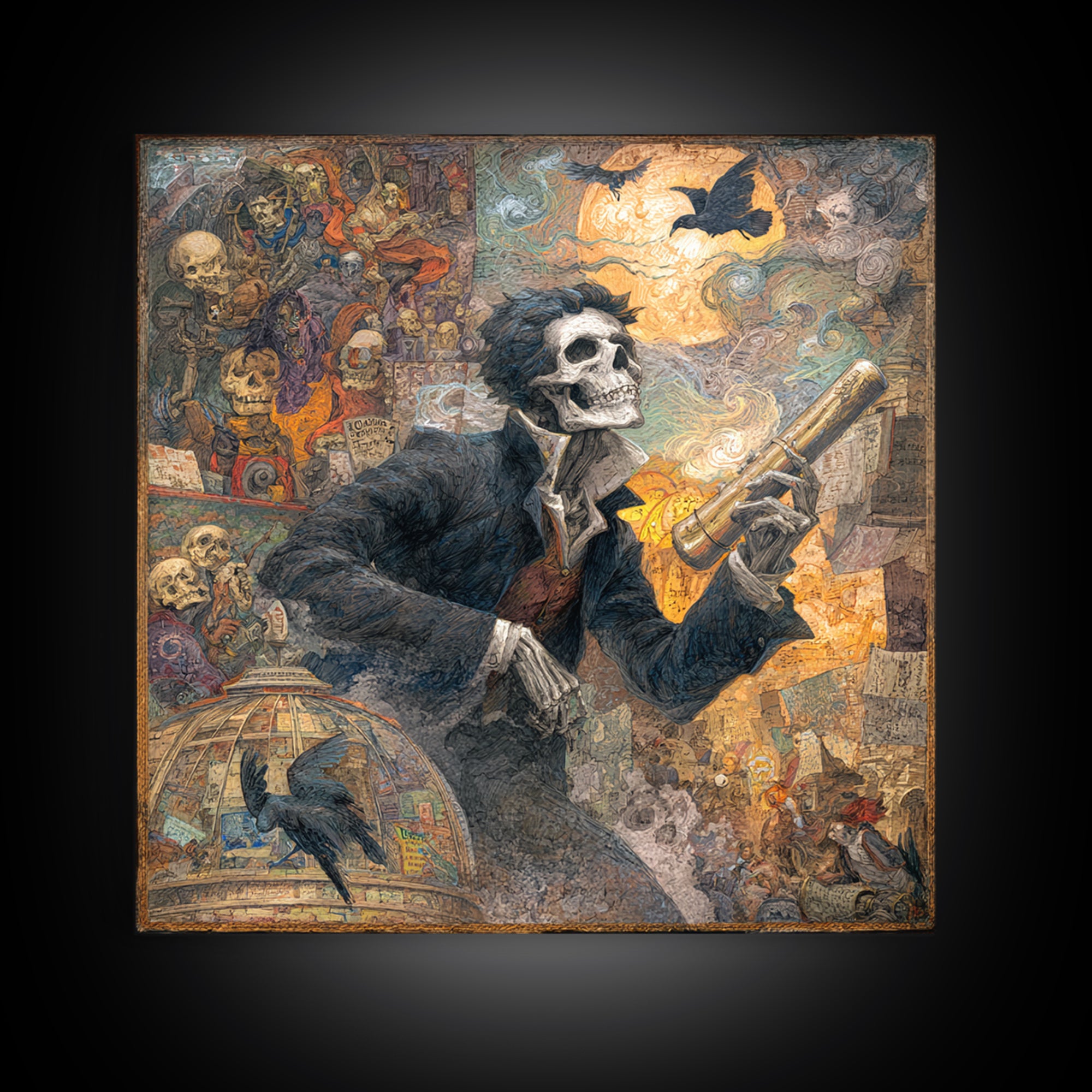 The Skull Astronomer, Grotesque Carnival Art, Square Wall Art, Dark Fantasy Wall Art, Canvas Print, Halloween Wall Art