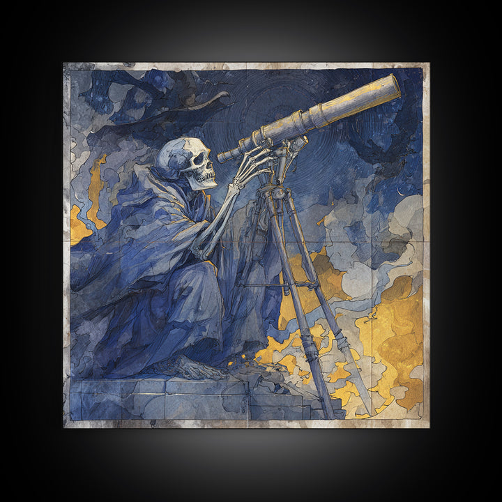 The Skull Astronomer, Expressionist Gothic Art, Square Wall Art, Gothic Horror Wall Art, Framed Canvas Print, Halloween Wall Art